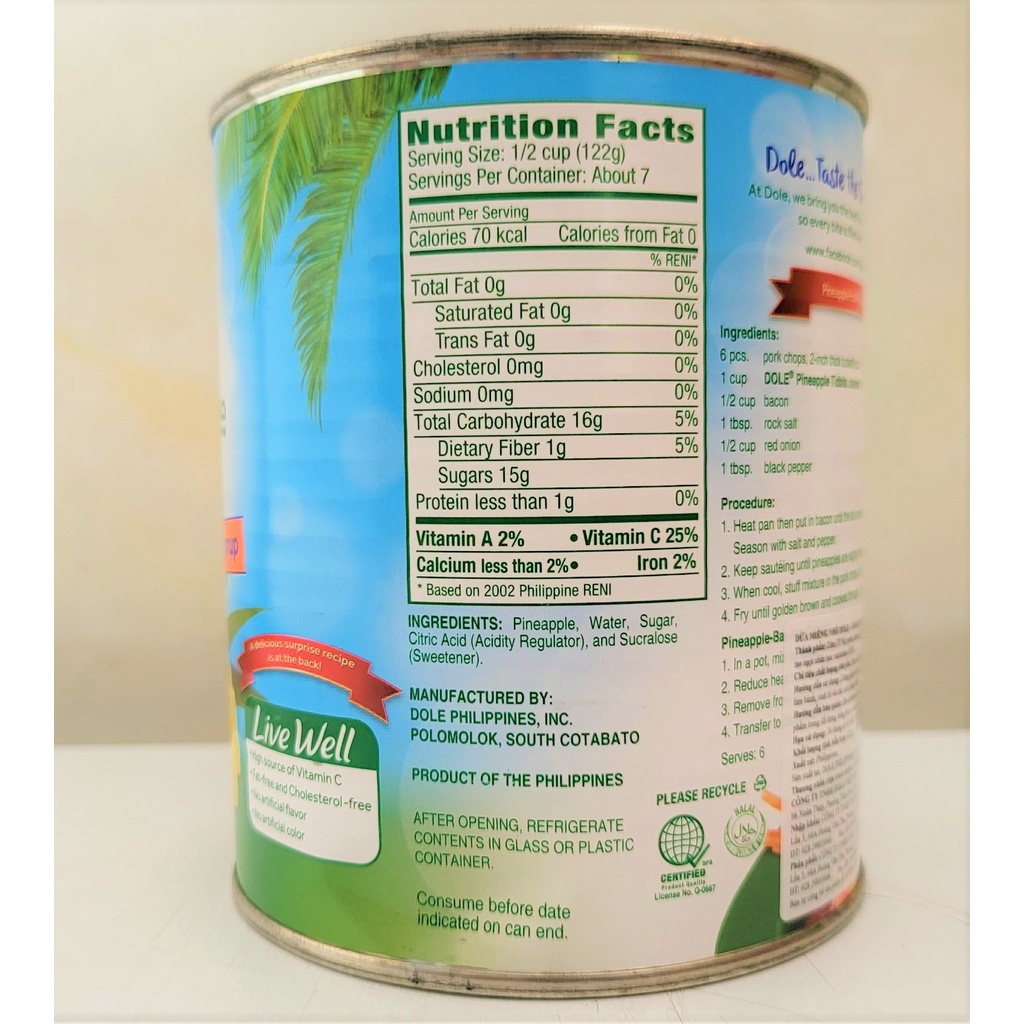[Hộp 822g – MIẾNG NHỎ] DỨA TƯƠI NGÂM SI RÔ [Philippines] DOLE Pineapple Tidbits in Extra Light Syrup (halal)