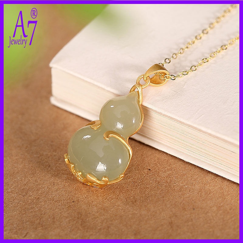 Vòng cổ Bạc S925 Mặt Ngọc Bích Xanh Lá Phong Cách Fu Lu Shou Khí Chất Cho Nữ