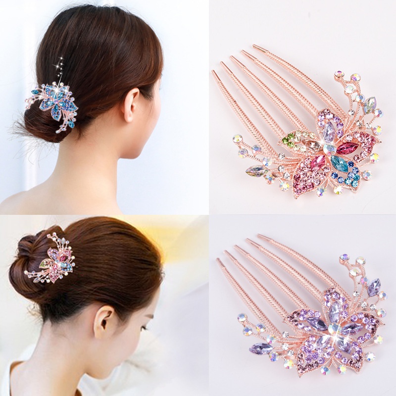❥Viburnum♔•Crystal Hair Comb Colorful Flowers Rhinestone Hairpins Exquisite Retro Women's Hollow Out Hairpin Fashion Hair Accessories Headdress 6 Colors