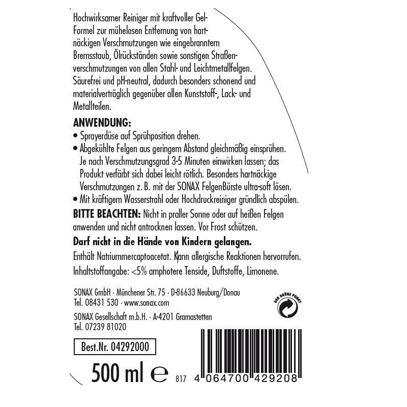 Dung dịch tẩy rửa lazang mâm vành bánh xe ô tô Sonax Rim cleaner 429200 500ml