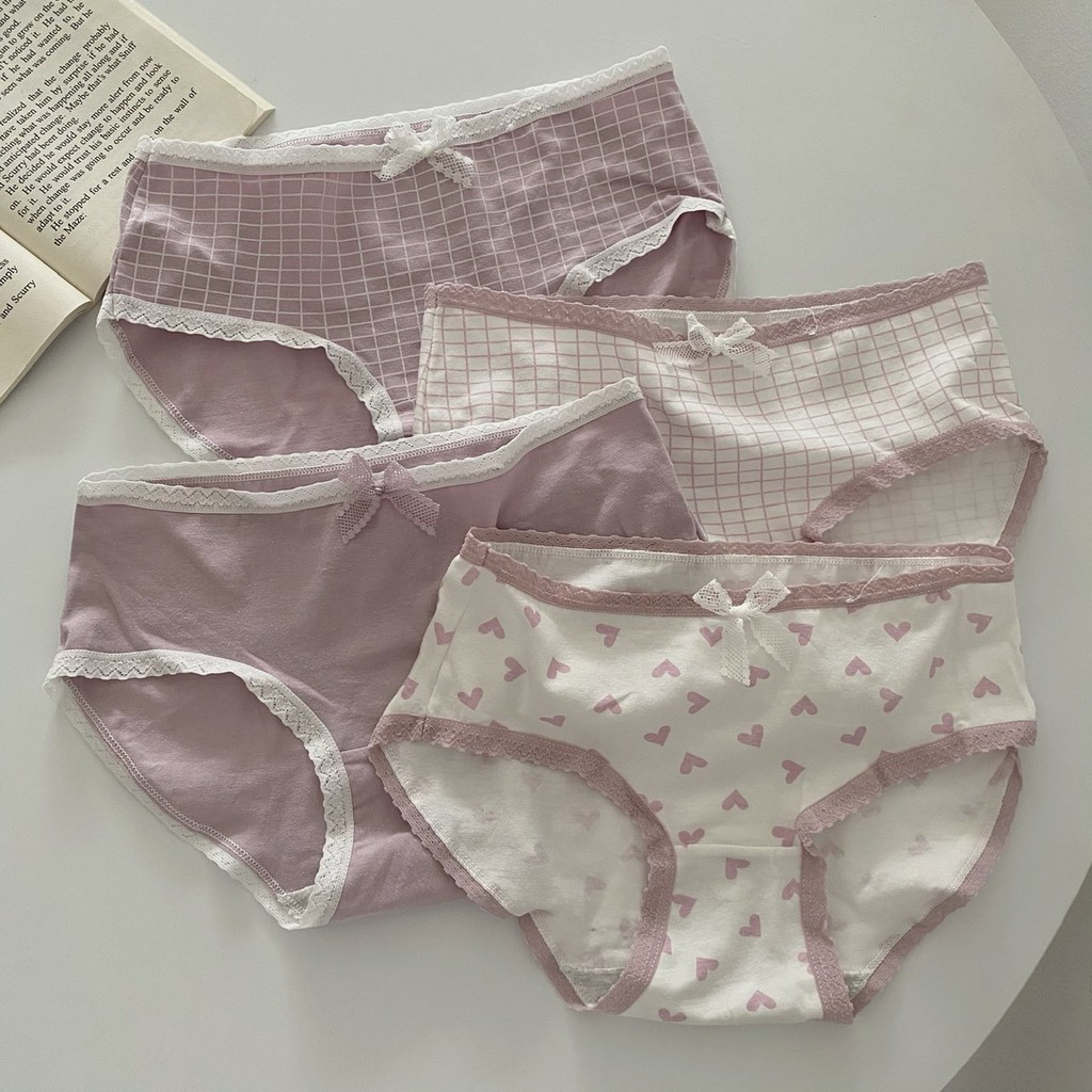 Quần Lót Nữ Cotton Viền Ren Cạp Thấp Tim Hồng Thấm Hút Mềm Mịn QC23
