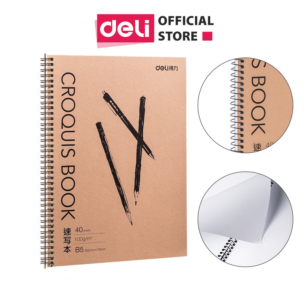 Sổ tay vẽ chì phác thảo sketchbook Deli 80 trang 100gsm/110gsm khổ ngang A4/B5 gáy lò xo dùng cho mỹ thuật phác họa 7696