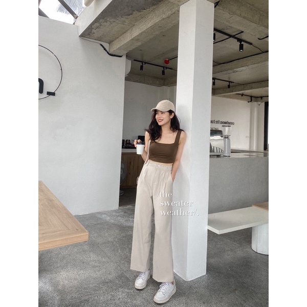 Áo hai dây bản to croptop có sẵn đệm mút, áo bra nâu be đen ( Ảnh thật )