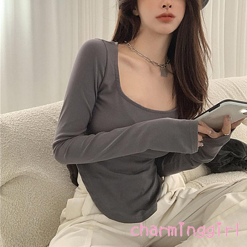 Áo thun nữ tay dài cổ vuông màu sắc trẻ trung