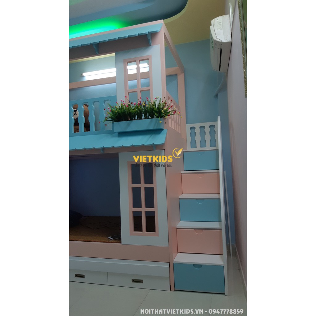 Giường tầng cho bé gái gỗ công nghiệp MDF Malaysia màu sắc cực yêu