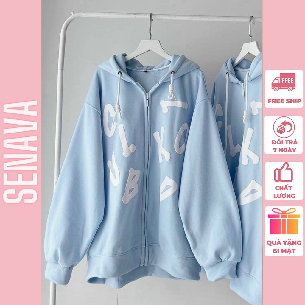 Áo khoác nỉ nữ khóa zip Oversize logo in chữ nổi mền mịn kiểu dáng basic SENAVA AK55