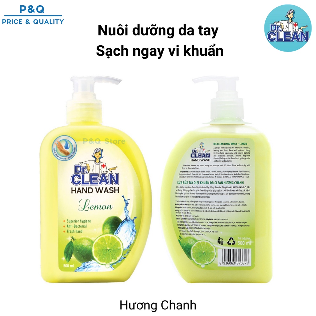 Nước rửa tay, vệ sinh, dưỡng da tay Dr Clean 500ml mẫu mới hương chanh, hương táo, hương dâu | BigBuy360 - bigbuy360.vn