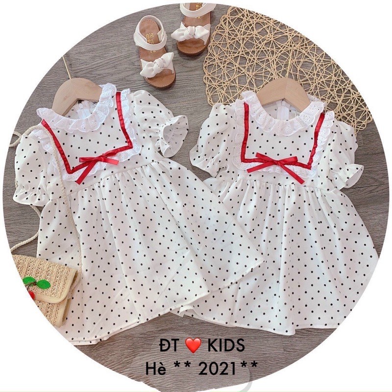 Váy chấm bi cổ ren cho bé 8-23kg phối nơ đỏ chất thô đũi cực mềm nhẹ mát cho bé xinh lung linh BBShine – D079