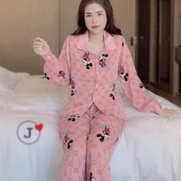 Bộ Pijama đẹp xiêm y ngủ nữ dài cute mặc ở nhà trờ đông dễ chịu và vui vẻ xinh đẹp giá rất mềm Lụa KateThái Cao Cấp