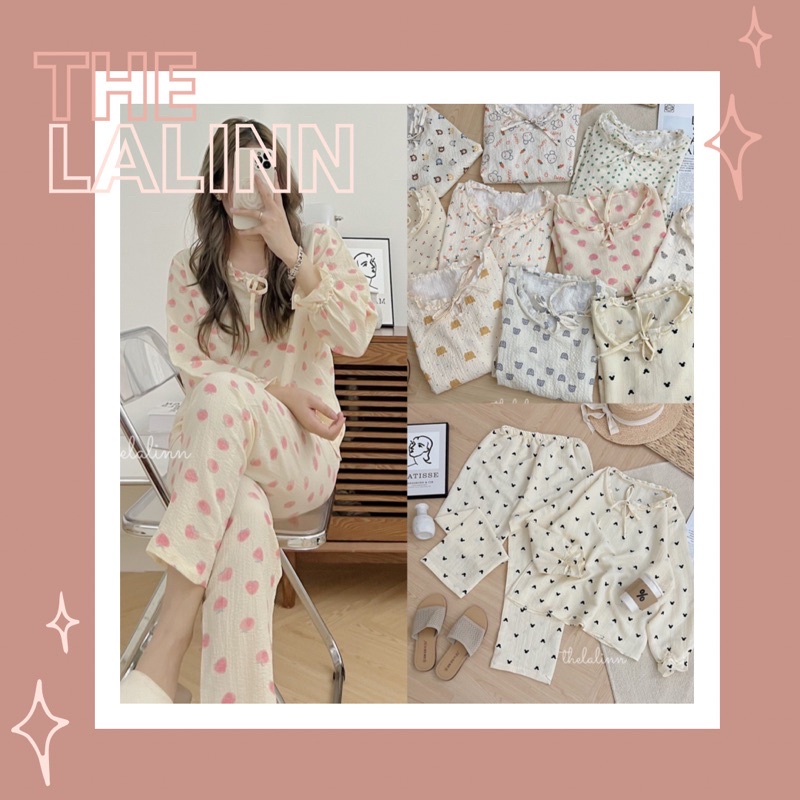 Pijama cổ nơ xốp đũi Hàn dáng dài hoạ tiết xinh xắn. Bộ ngủ nữ hoạt hình dễ thương