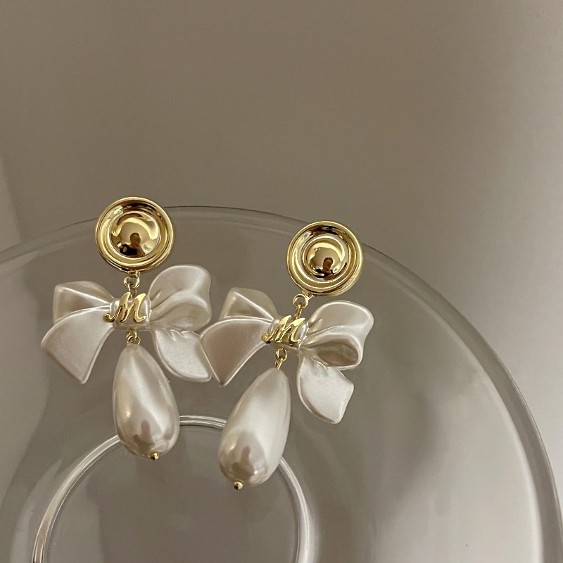 Bông Tai Hình Nơ Đính Ngọc Trai Phong Cách Retro Pháp