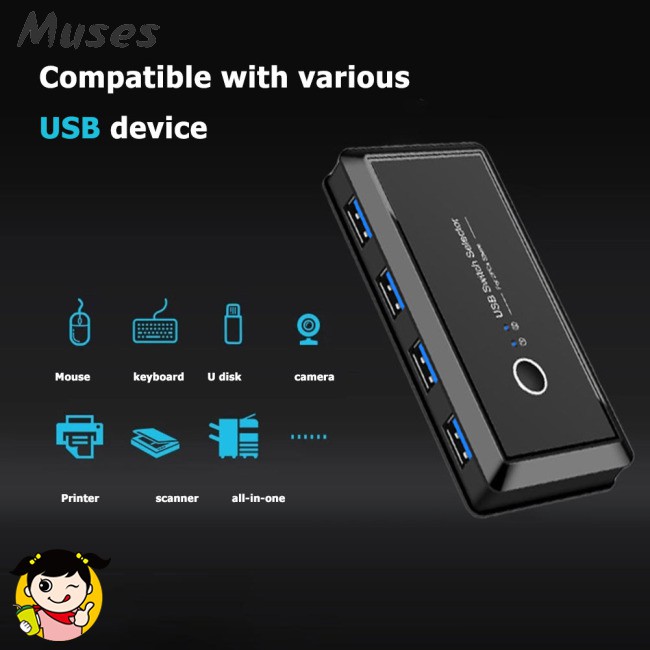 Usb Kvm Usb 3.0 2 Cổng Chia 4 Thiết Bị Cho Máy In, Bàn Phím