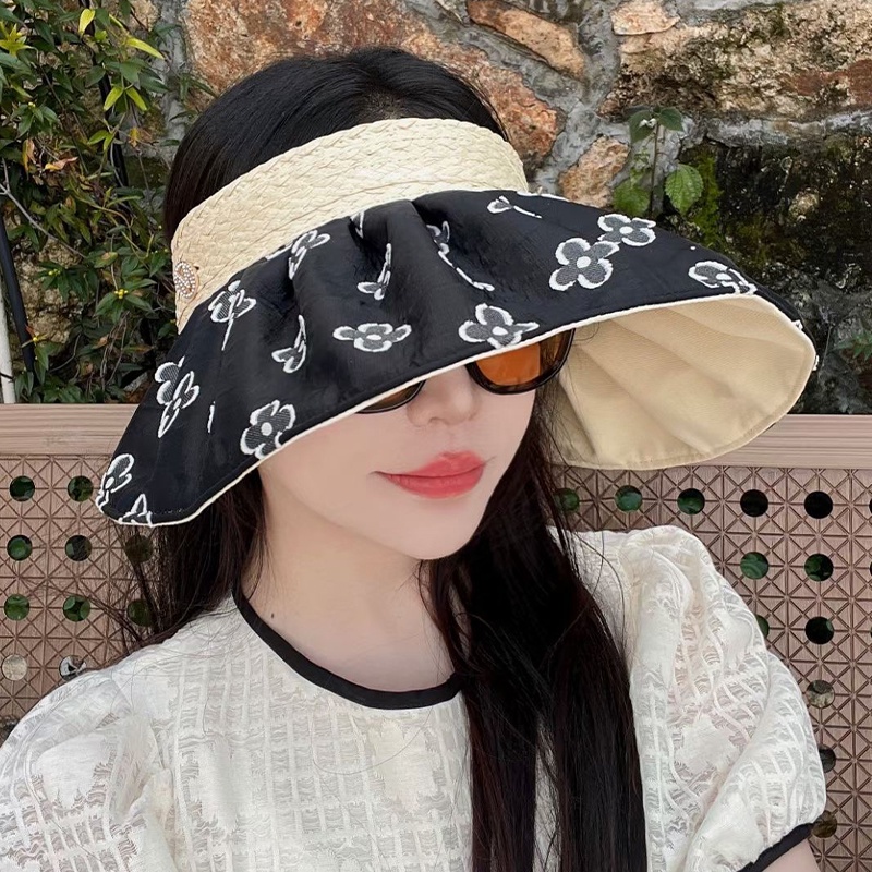 (Hàng Có Sẵn) Mũ Rơm Vành Rộng Hở Đầu Che Nắng Hở Đầu Siêu Nhẹ Chống Rò Rỉ In Họa Tiết Hoa Thời Trang Mùa Hè Cho Nữ