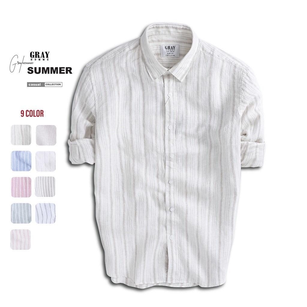 Áo Sơ Mi Nam Đũi Dài Tay GRAYHOMME Linen Kẻ Sọc Cá Tính Chất Vải Thoáng Mát Nhiều Mầu