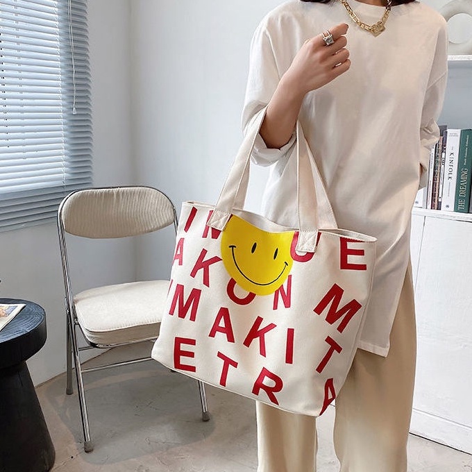 Túi Xách Canvas Sức Chứa Lớn In Họa Tiết Mặt Cười Phong Cách Mới Cho Nữ