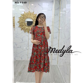 [HÀNG MỚI VỀ] Váy bầu mùa hè hoa nhí vintage - Đầm bầu công sở màu đỏ tôn da giấu bụng thiết kế Medyla - VS140