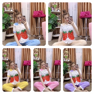 Đồ bộ pijama tnqd phối trái dâu xinh xắn vải kate lụa freesize dưới 57kg nguyên khánh store