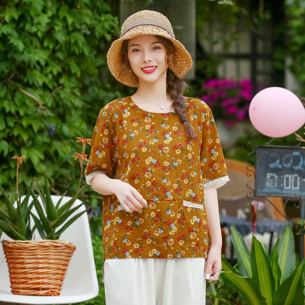 ÁO MORI HOA NHÍ VẠT CONG TÚI VIỀN REN