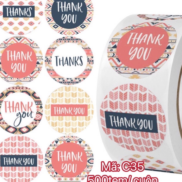 TEM01_STICKER-Tem chữ " Thank you"  SIZE  2.5CM, 500TEM/CUỘN- NHIỀU MẪU ĐẸP
