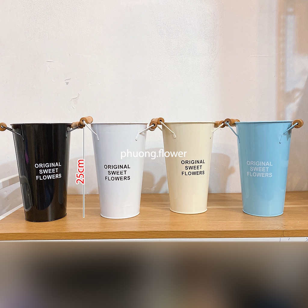 Chậu sắt xô cắm hoa bình kim loại decor vintage trang trí nhiều mẫu size sơn tĩnh điện in chữ Garden sáng bóng bền đẹp