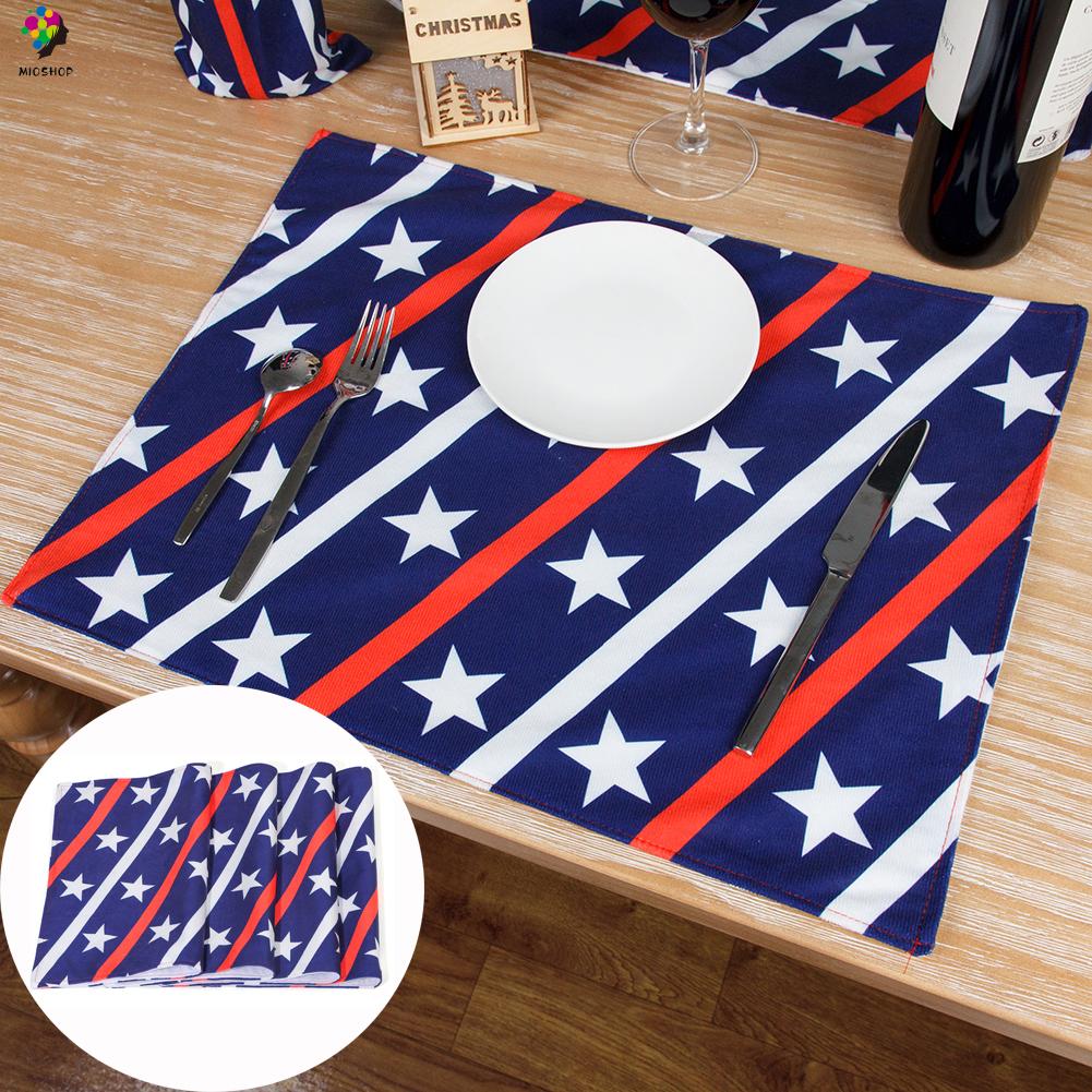 MIOSHOP 4pcs/set Table Decor Placemats Heat-Resistant Table Place Mats Independence Day Kitchen Non-Slip Rectangle Washable American Flag