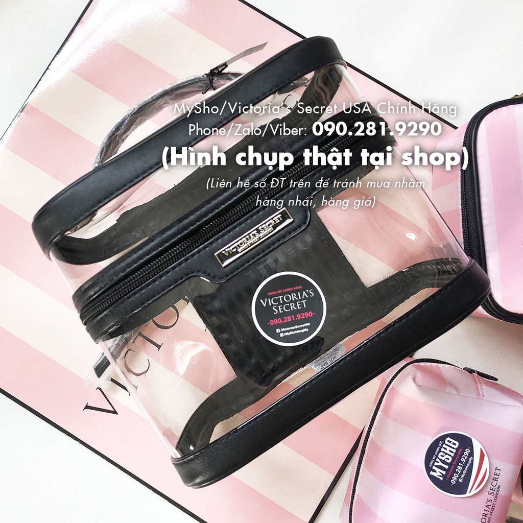 Bộ 4 túi trang điểm hồng phối sọc cá tính  - Hàng nhập Victoria's Secret USA