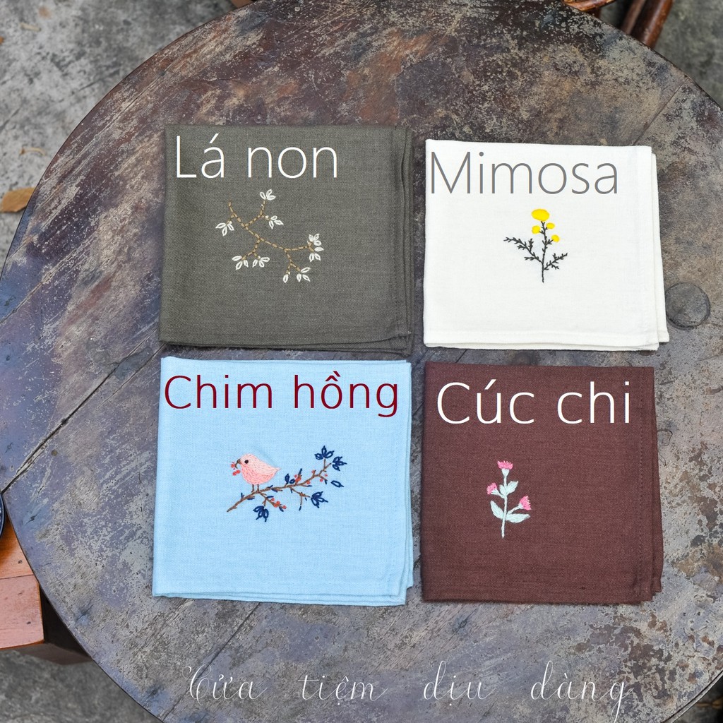 Khăn tay (Khăn mùi xoa) vải linen thêu thủ công - mẫu Mimosa