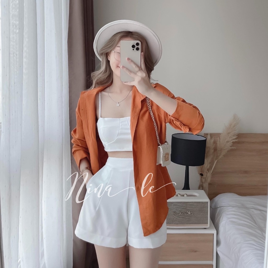 Set 3 món áo sơ mi mix áo bra 2 dây quần short đùi nữ set bộ đi biển