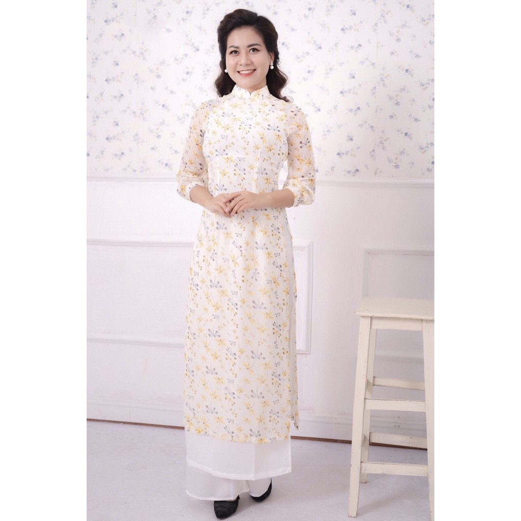 Áo dài tơ 4 tà chuồn chuồn hàng thiết kế (ảnh thật) - màu vàng