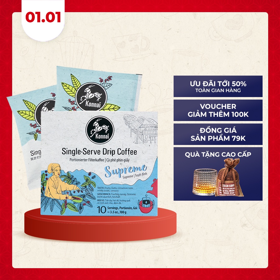 Cà phê phin giấy nguyên chất Supreme Coffee pha chế tiện lợi 100% Arabica Konnai Coffee phù hợp đi làm, đi học, đi du lị