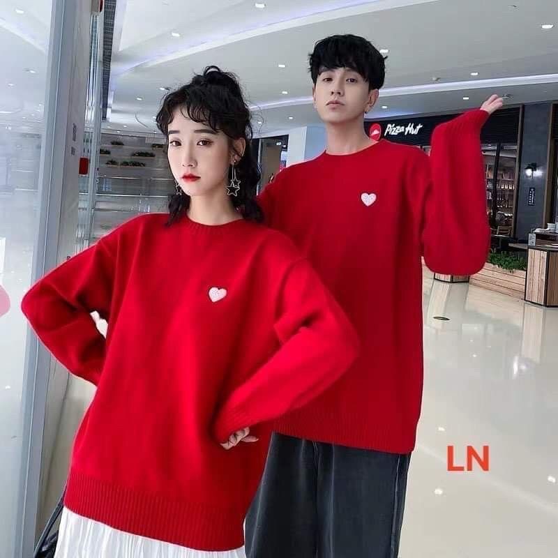 áo đôi thu đông nam nữ diện tết 2021 vải nỉ đẹp, áo sweater màu đỏ