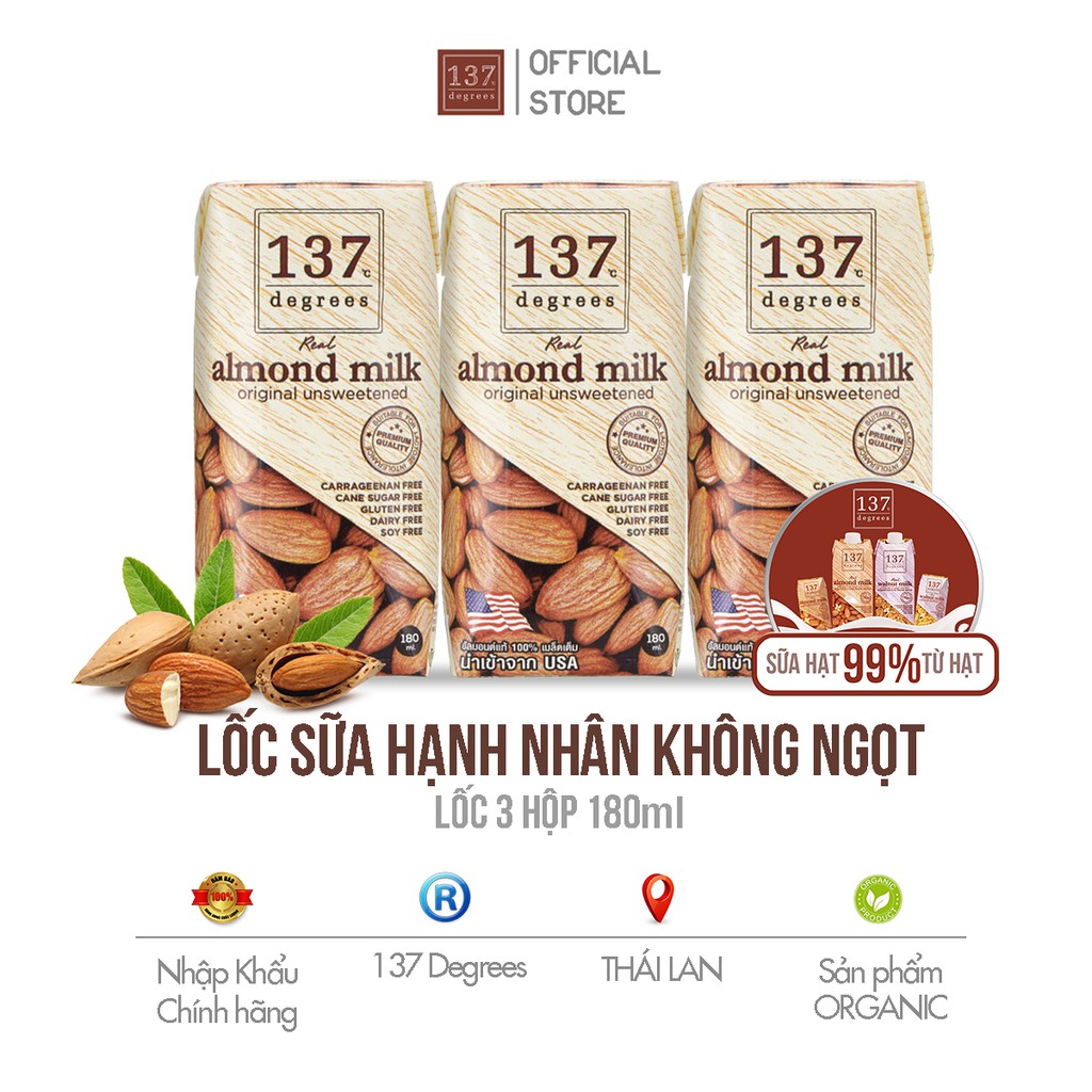 Sữa Hạt Hạnh Nhân Không Ngọt - Lốc 3 hộp 180ml