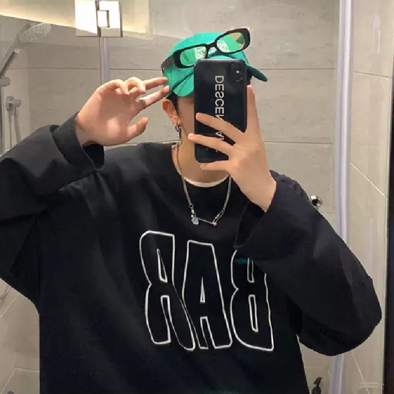 Áo thun tay dài dáng rộng in chữ phong cách Hàn Quốc thời trang trẻ trung cho nam size M-5XL