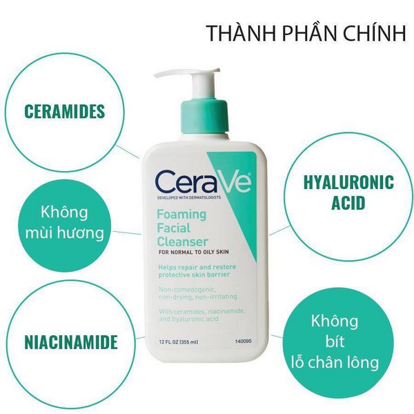 Sữa rửa mặt Cerave Foaming Facial Cleanser dành cho da thường và da dầu của Mỹ - 355ml