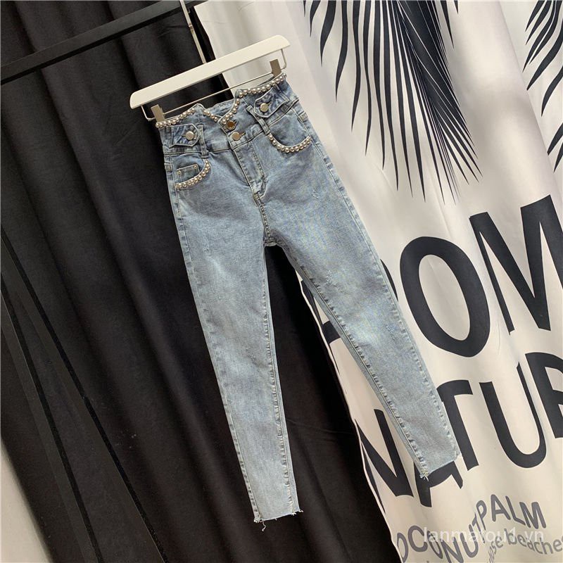 European Station Summer Thin2021New High Waist Beaded Harem Cropped Jeans Women's Slim Fit Korean Style Skinny Fashion