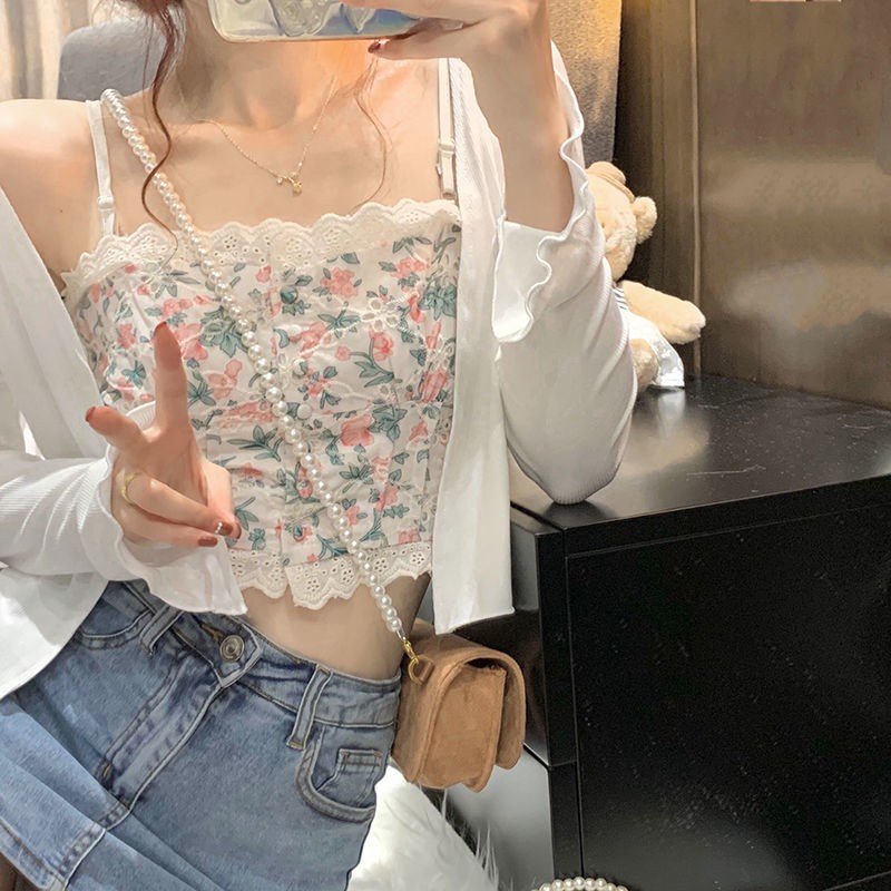 Bộ áo cardigan trắng + áo hai dây phối ren in họa tiết hoa tươi mới thời trang mùa hè cho nữ (có bán lẻ) | BigBuy360 - bigbuy360.vn