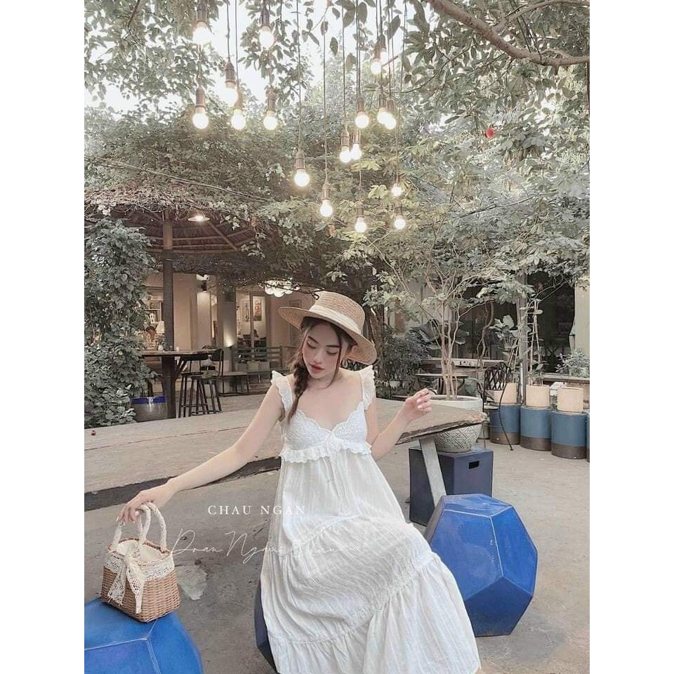 Đầm maxi thô trắng hai dây cánh tiên tiểu thư phối ren có đệm ngực hàng đẹp, Váy 2 dây đi biển dáng dài