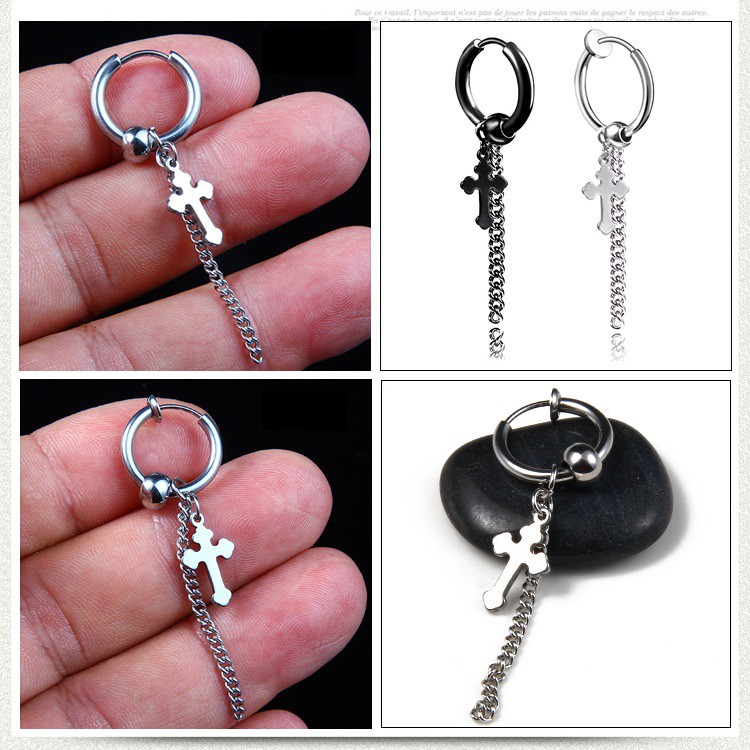 Khuyên tai titan thánh giá phối bi tròn không gỉ có loại không cần bấm lỗ