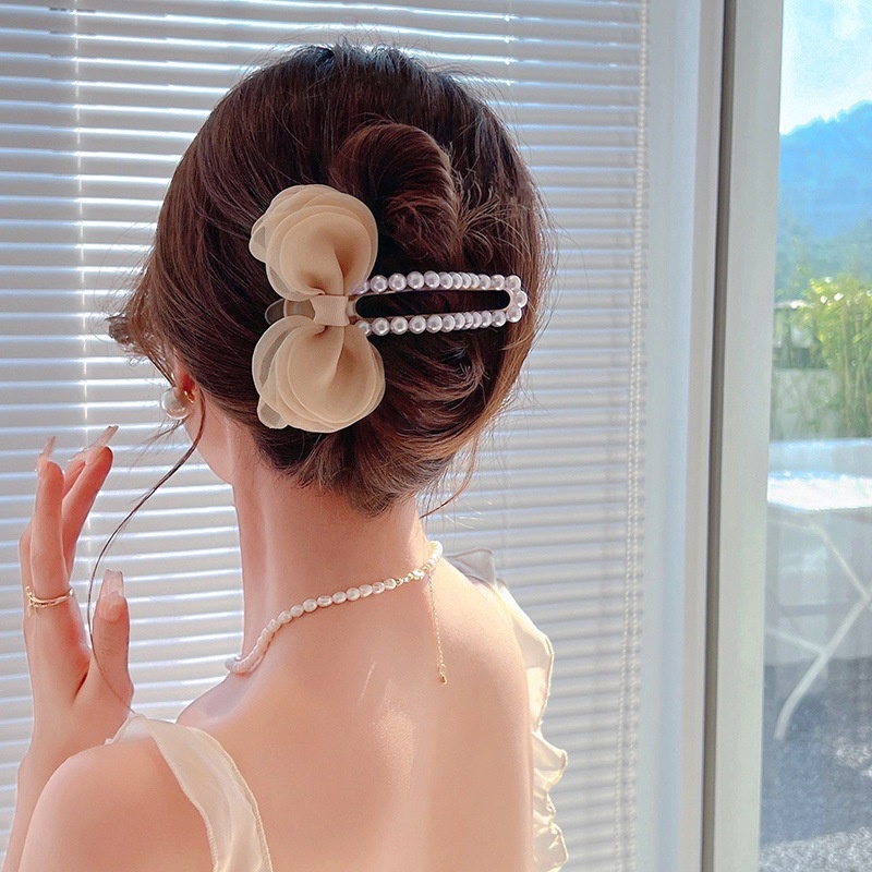 Kẹp Tóc Nhựa Mỏ Vịt Hàn Quốc Đính Nơ Ngọc Siêu Sang Mainia Shop