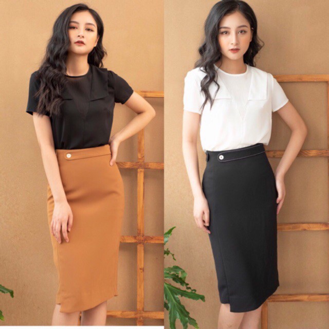 (Bán sỉ) Chân váy bút chì vạt lệch siêu tôn dáng hai màu nâu và đen (ảnh thật) (Cam kết hàng y hình) VP3MB150VL