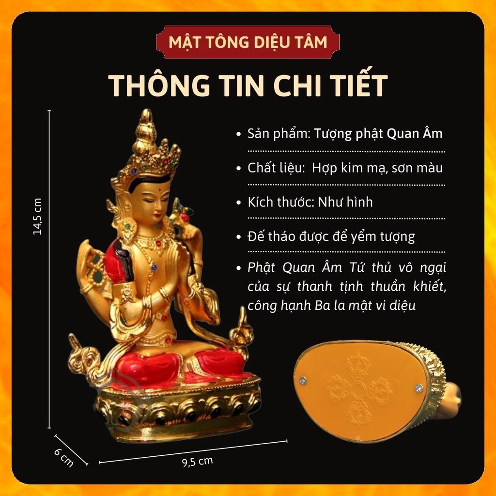 Tượng phật quan âm tứ thủ thờ cúng mật tông , tượng phật để ô tô mẫu QA màu 14,5cmvẽ tay Tây Tạng