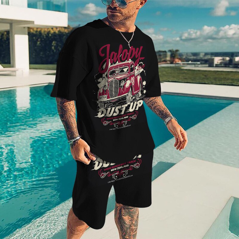 Set Áo Thun Ngắn Tay + Quần Short In Họa Tiết 3D Thời Trang Dành Cho Nam ​Bộ Đồ Nam Punk