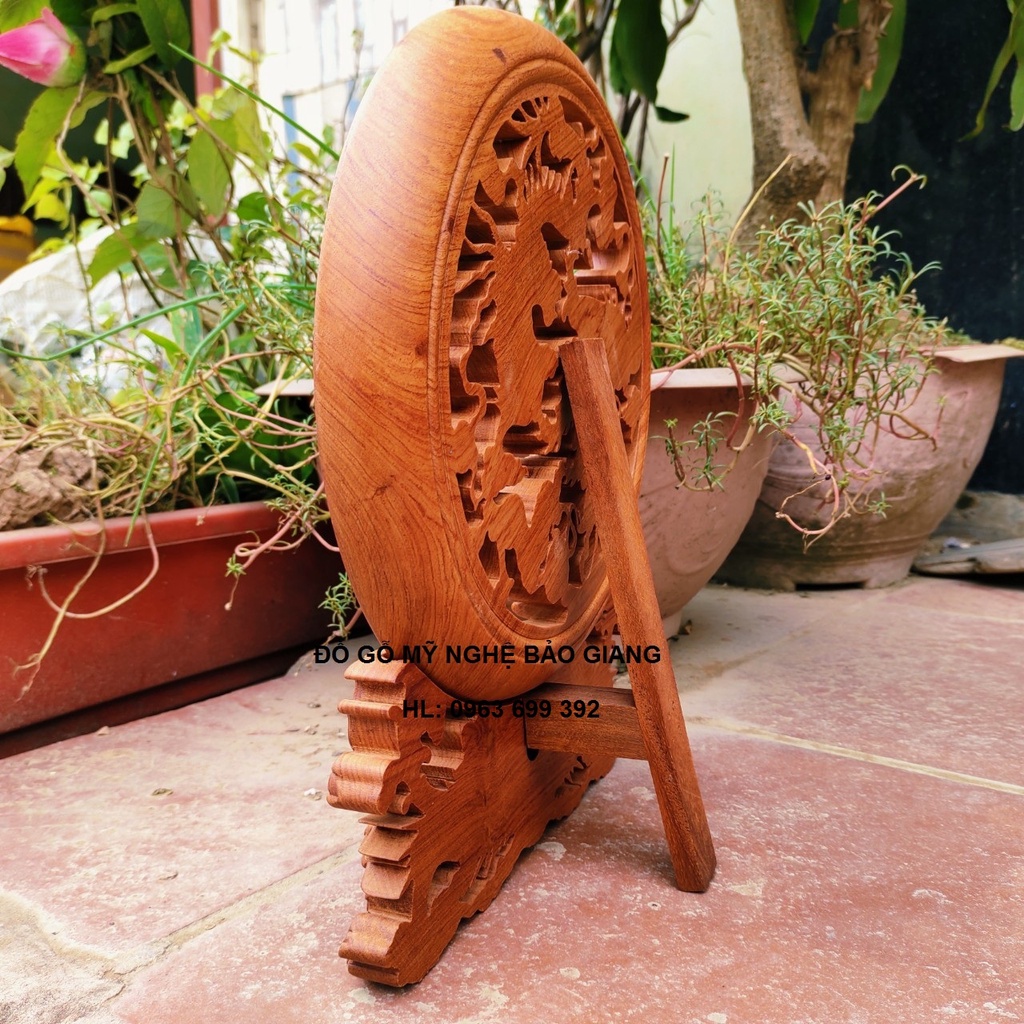 Đĩa trang trí phong thủy khắc Tứ Linh gỗ hương