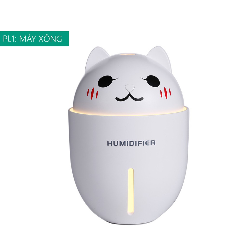 Máy Xông Tinh Dầu Hình Bé Mèo Cute, Làm Ẩm Không Khí 4 Trong 1, Có Cổng Sạc USB (3 màu)