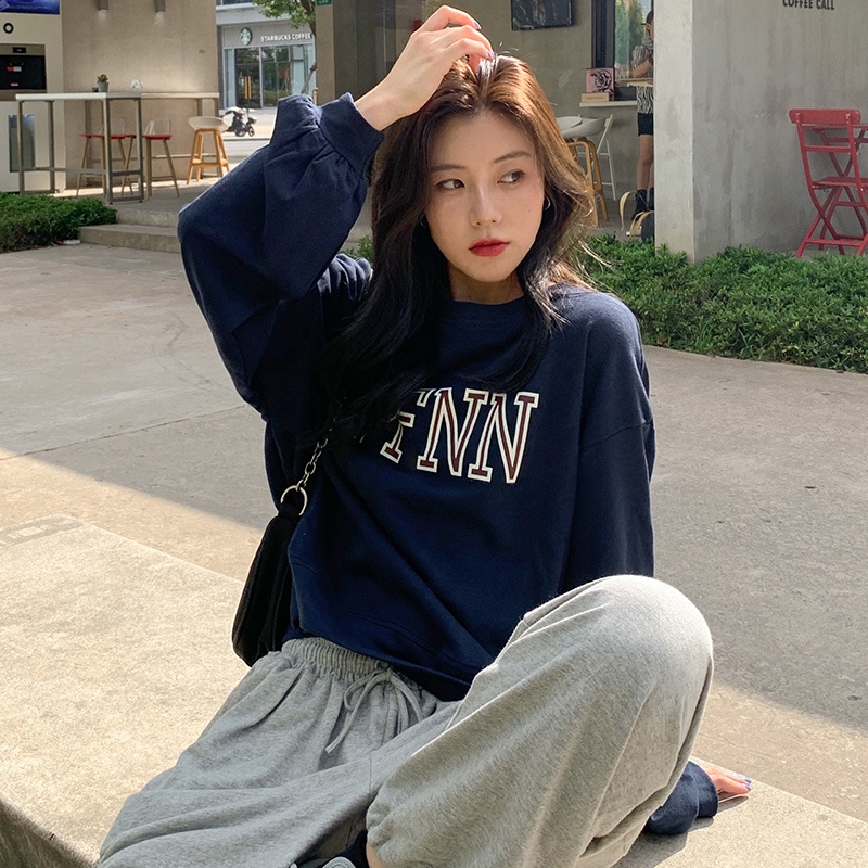 Áo Sweater Dáng Rộng Cổ Tròn In Chữ Kiểu Retro Hàn Quốc Thời Trang Mùa Thu Cho Nữ