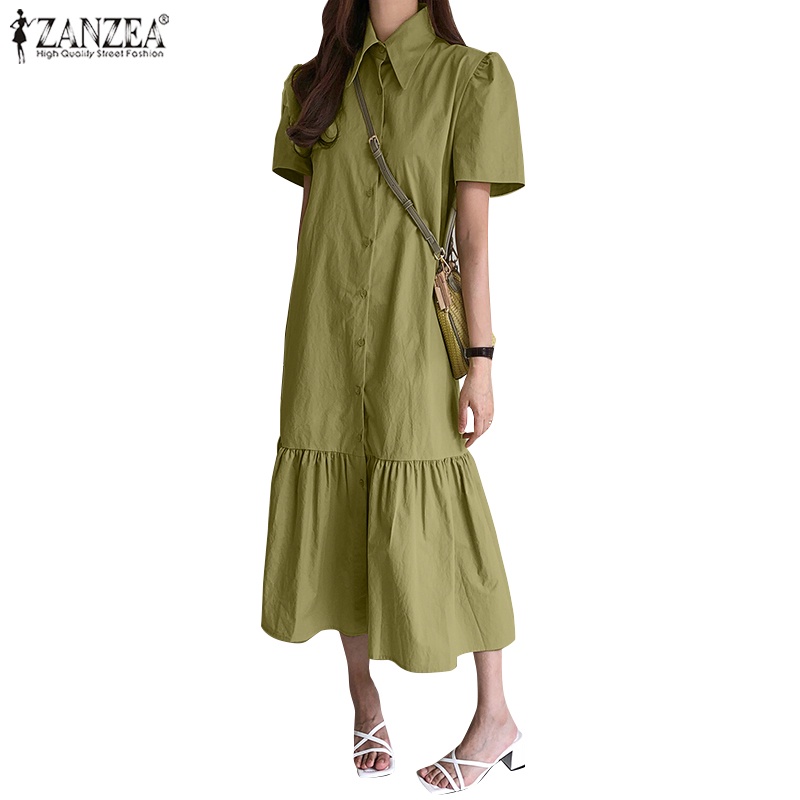 Đầm ZANZEA ngắn tay cổ bẻ dáng rộng thời trang Hàn Quốc cho nữ