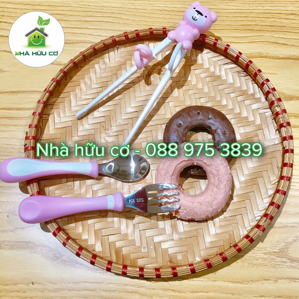 Combo thìa -dĩa - đũa tập ăn,thìa - dĩa - đũa tập gắp xỏ ngón hình gấu cho bé - Nhà hữu cơ