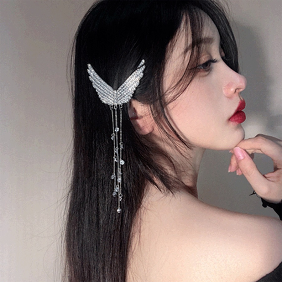 Kẹp tóc hình cánh thiên thần đính kim cương giả phối tua rua thời trang dành cho nữ