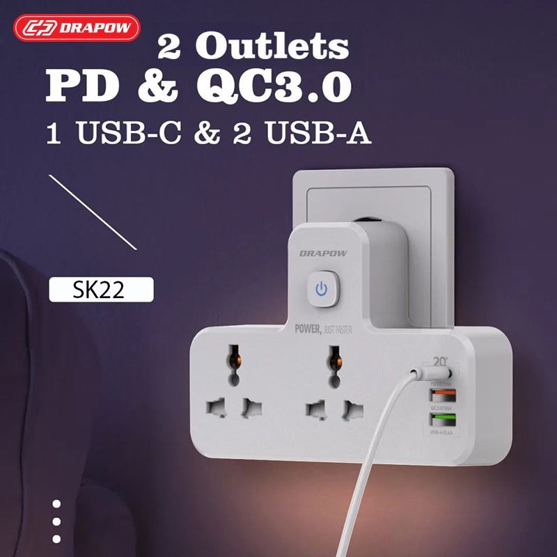 Ổ điện thông minh DRAPOW SK22 Sạc nhanh USB-C 20W PD cổng QC 3.0 18w ,2 ổ 220v IP 11 12 pro max x xs
