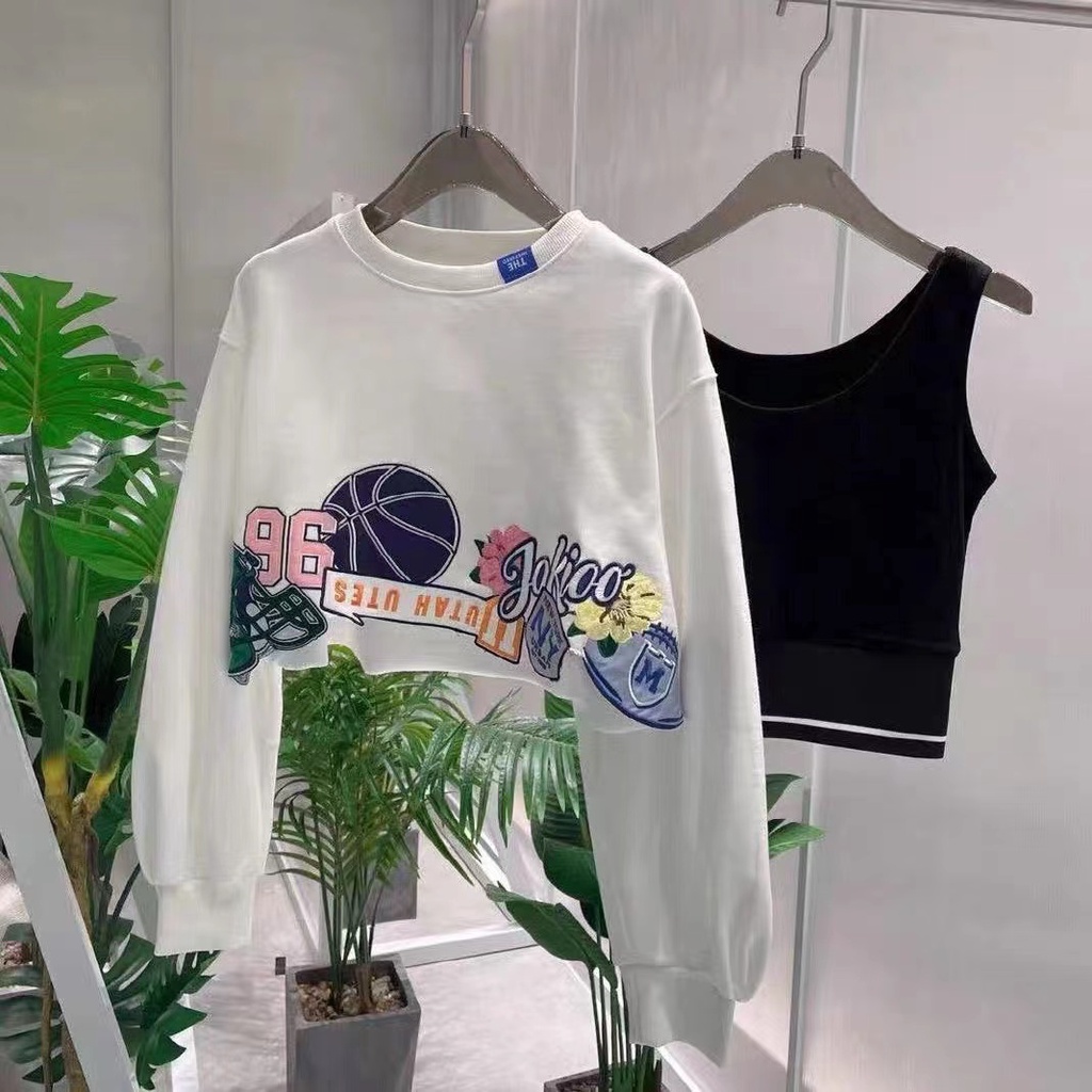 Set Áo Lửng Không Tay Thêu Họa Tiết + Áo Thun Ba Lỗ Phong Cách Năng Động Dành Cho Nữ